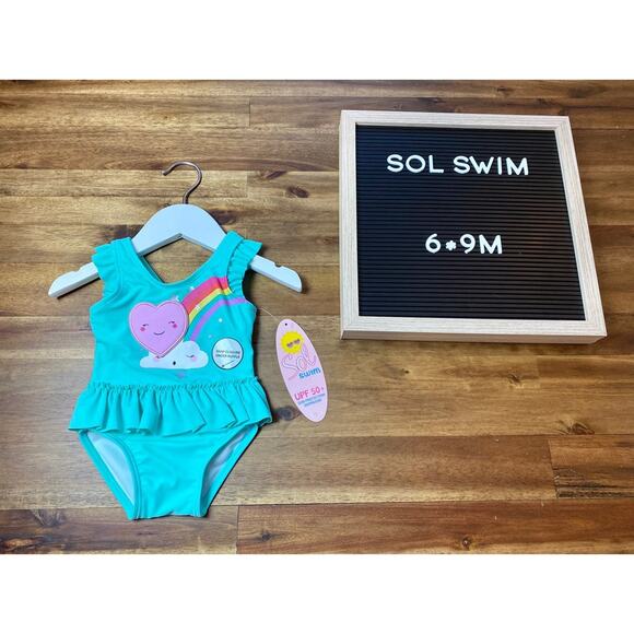 NWT Sol Swim Green Rainbow Heart Applique Swimsuit Baby Girls 6-9M - Picture 1 of 7